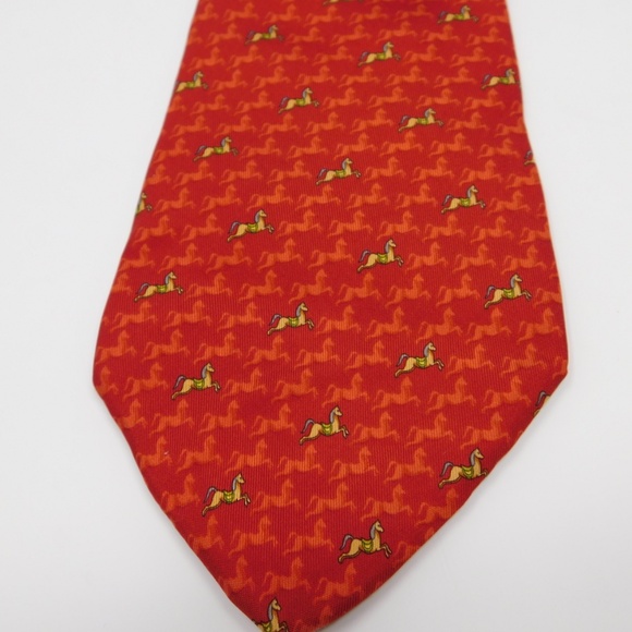 Salvatore Ferragamo Men's Neck Tie Multicolor Red Horse 100% Silk Solid Italy - Picture 1 of 6